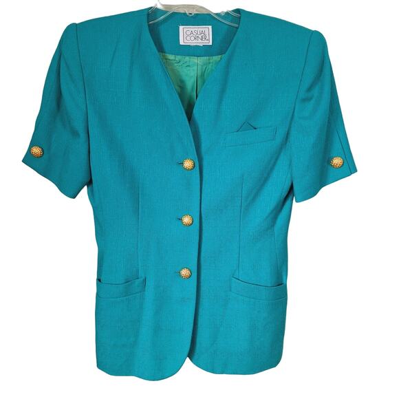 Vintage 80s/90s Teal Short Sleeve Gold Button Blazer Jacket Size Medium Career - Picture 5 of 8